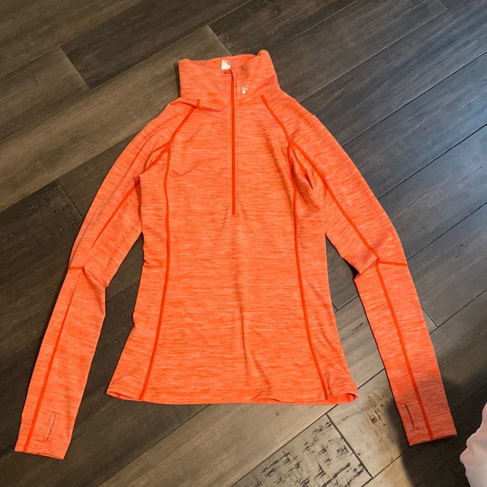 Underarmour quarter zip fitness top/ size small/orange. Thumb holes.